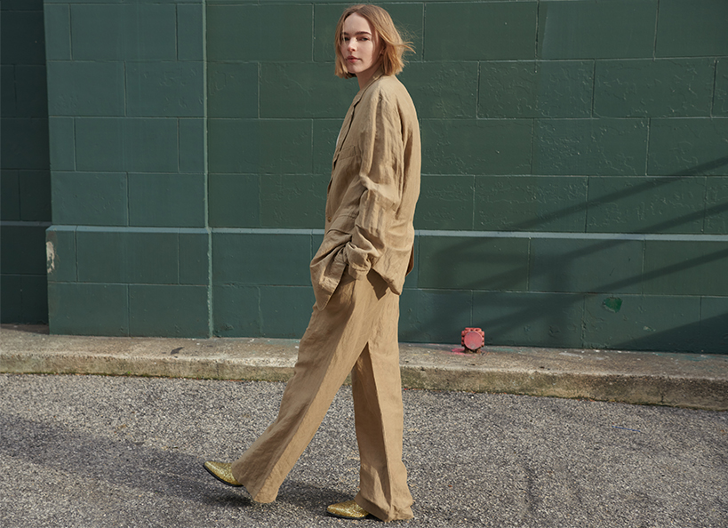 Model wears R13 - Oversized Ragged Blazer and Wide-Leg Trousers