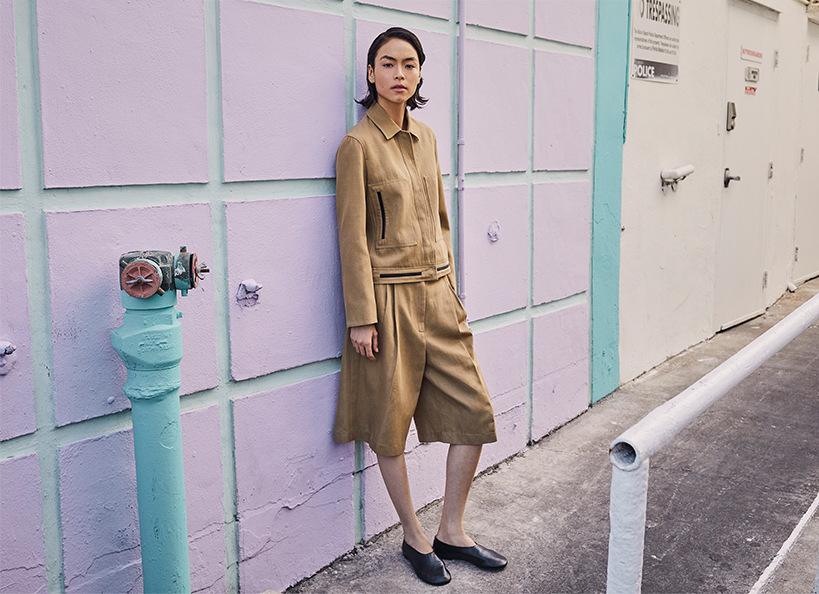 Model wears Proenza Schouler - Wiley Leather Trim Suiting Jacket and Jenny Pintuck Suiting Shorts