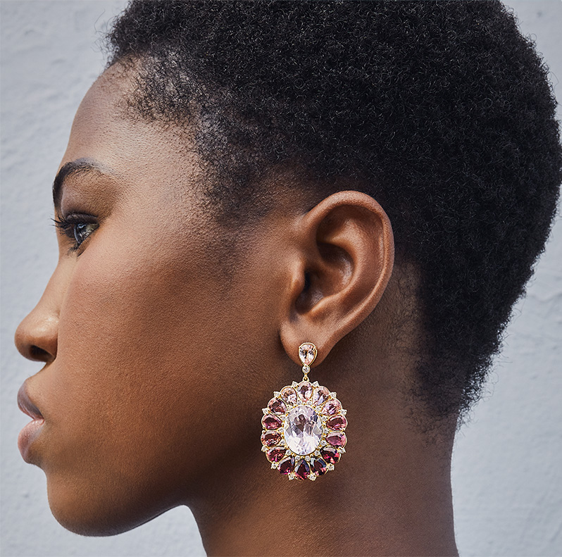 Model wears Jamie Wolf - 18K Yellow Gold Floral Ombre Oval Earrings with Kunzite, Pink Tourmaline and Diamonds