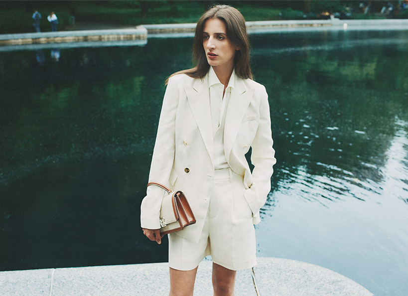 Model Wears Ralph Lauren Collection - Camden Double-Breasted Linen Jacket and Tracy Pleated Linen Shorts