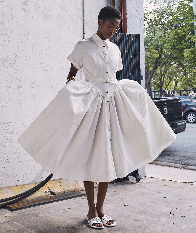 Model Wears Christopher John Rogers - Embroidered Smart Belted Shirtdress