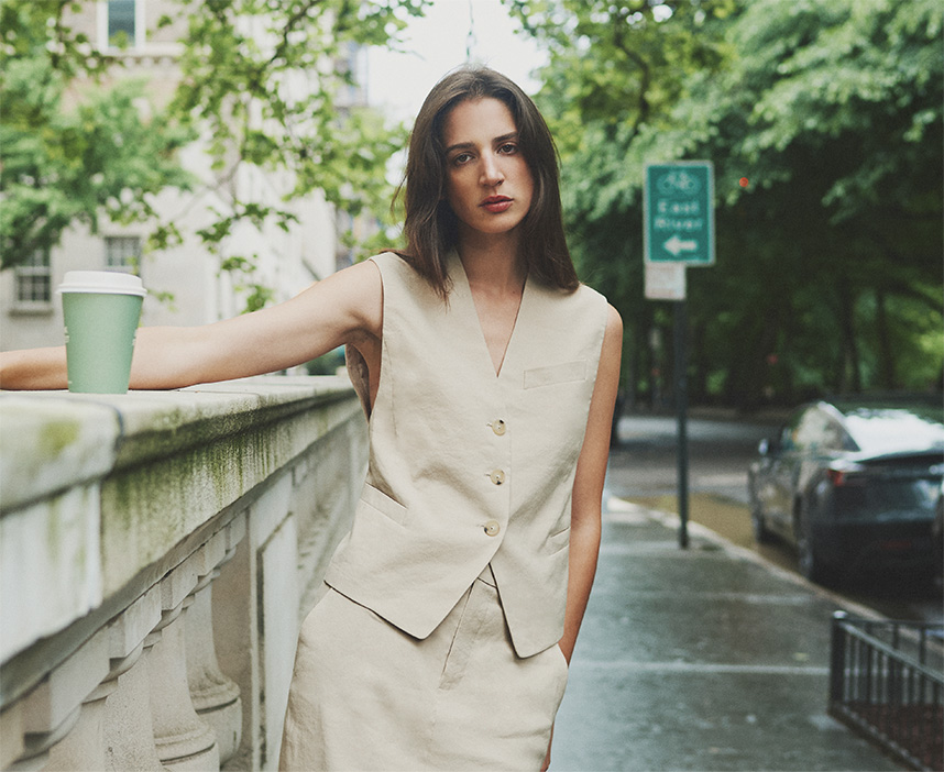 Model wears Vince - Linen-Blend Suiting Vest and Mid-Rise Linen-Blend Maxi Skirt