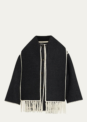 Toteme - Embroidered Fringe Contrast-Trim Scarf Wool Jacket