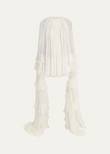 Chloé - Draped Ruffle Sleeve Silk Mousseline Ruffle Mini Dress