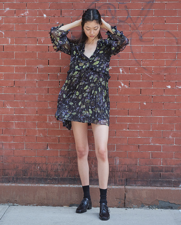 Model wears Cinq à Sept - Robin Sheer Floral Long-Sleeve Mini Dress