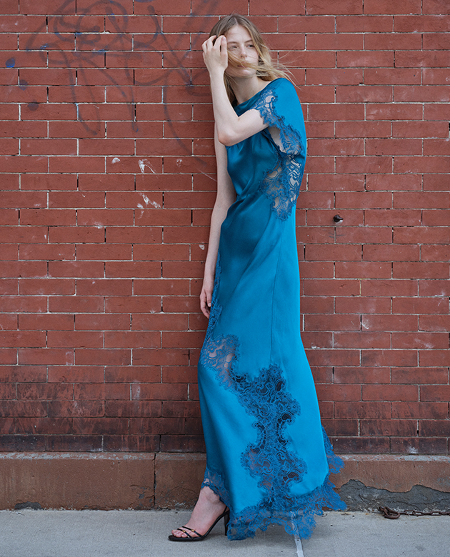Moedl wears A.L.C. - Alessia Satin and Lace Maxi Dress