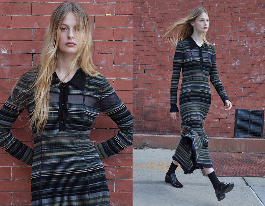 Model wears 3.1 Phillip Lim - Reversible Long-Sleeve Striped Maxi Dress