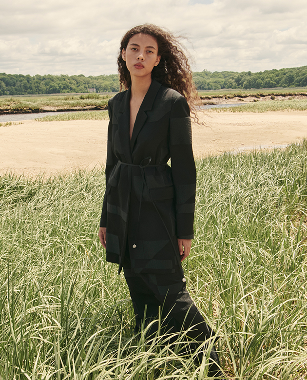 Model wears Lafayette 148 New York - Textured Tie-Waist Blazer