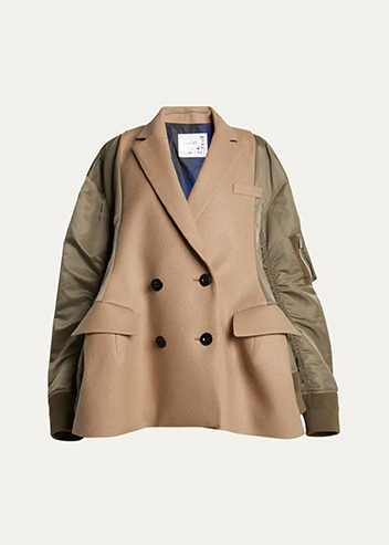 SACAI - Hybrid Quilted Double-Breasted Nylon-Sleeve Bomber Jacket