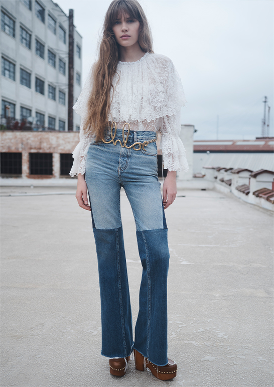Model Wears Chloé - Denim Patchwork Flare Leg Pants