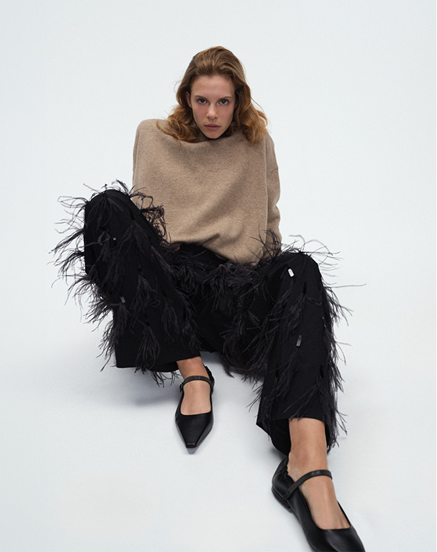 Model wears Brunello Cucinelli - Feather Sequined Wool Pants