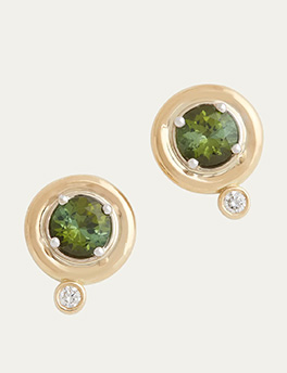 Jamie Wolf - 18K Yellow and White Gold Round Stud Earrings with Green Tourmaline and Diamonds