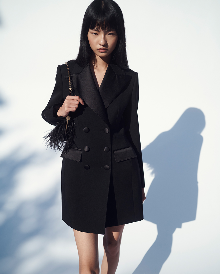 Model Wears DOLCE&GABBANA - Tuxedo Double-Breasted Mini Jacket Dress