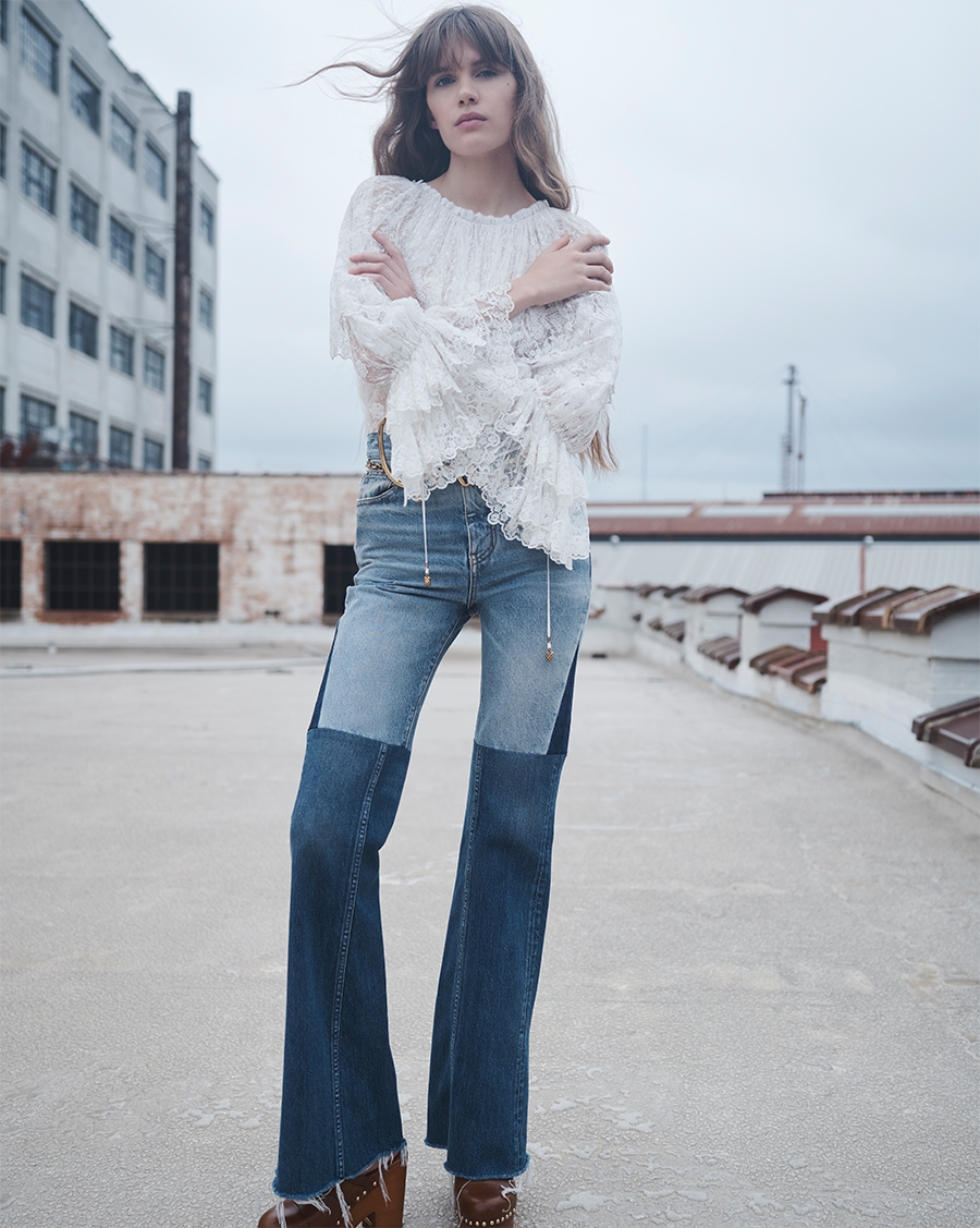 Model wears Chloé - Denim Patchwork Flare Leg Pants