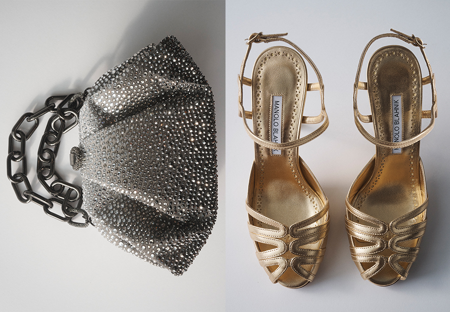 Judith Leiber Couture - Gemma Crystal Top-Handle Bag in Ebonized Platinum and Manolo Blahnik - Makanak Metallic Caged Ankle-Strap Sandals in Gold