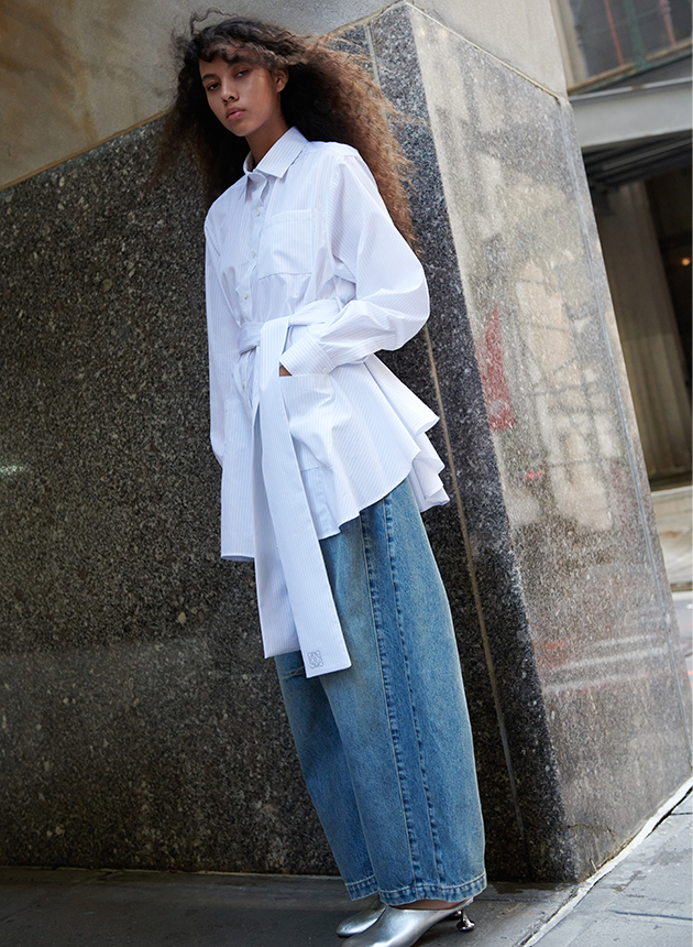 Model wears Loewe - Balloon-Leg Denim Pants