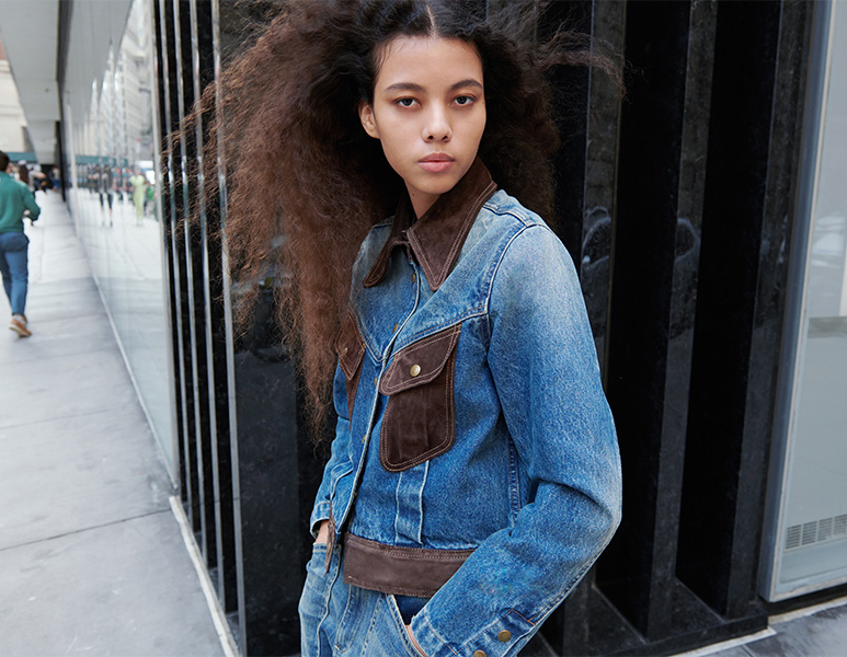 Model wears Nili Lotan Brooklyn Denim Jacket