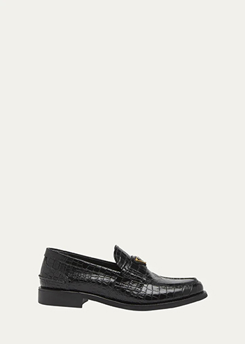 Prada - Logo Croc-Embossed Leather Loafers