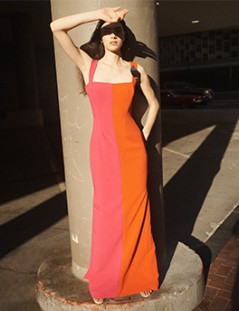 Model wearining Harbison - Khroma Colorblock Square-Neck Gown