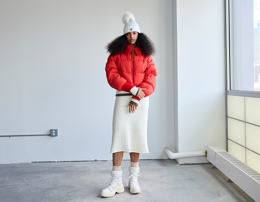 Model wearing Moncler - Short Down Jacket