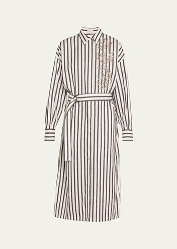Brunello Cucinelli - Stripe Sequined Herbarium Belted Midi Shirtdress