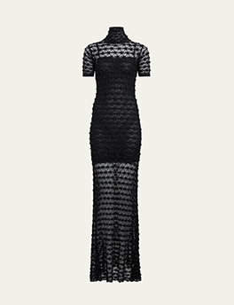 Alaïa - Mock-Neck Short-Sleeve Sheer Lace Gown