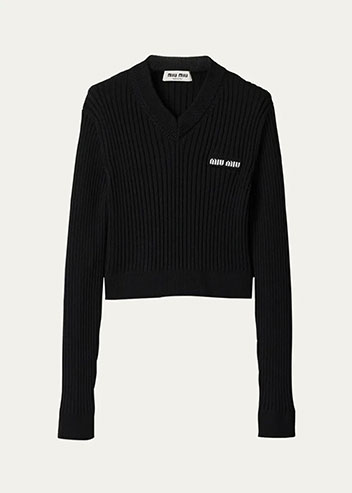 Miu Miu - V-Neck Ribbed Wool Cropped Sweater