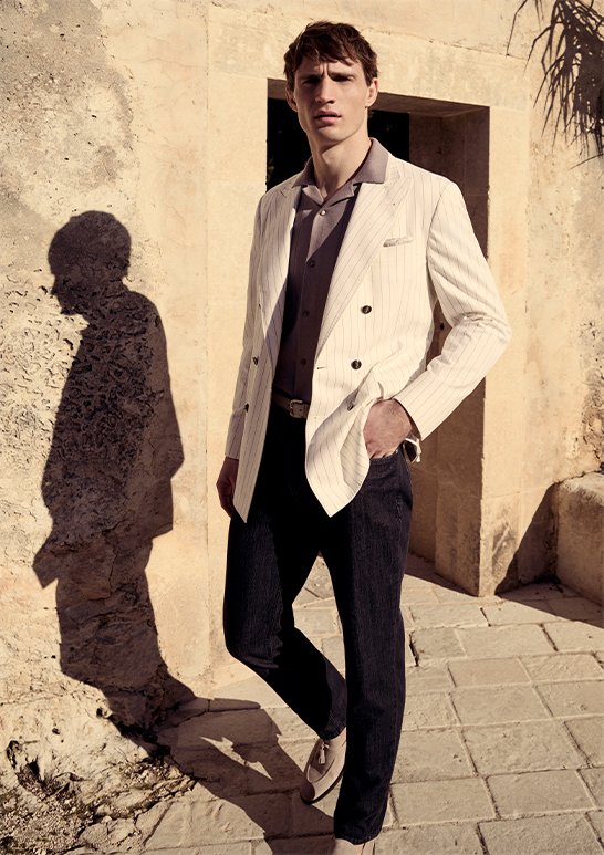 Model wears Brunello Cucinelli - Men's Suede Flex-Sole Tassel Loafers