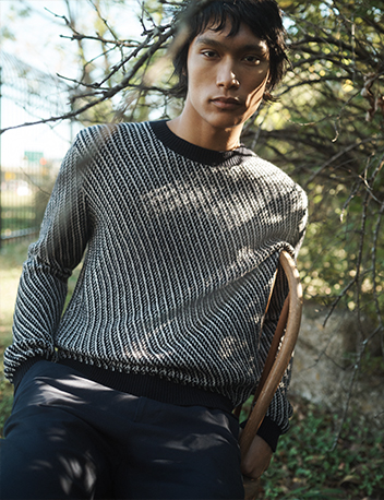 Model wears Iris Von Arnim - Men's Deary Bicolor Cashmere Crewneck Sweater