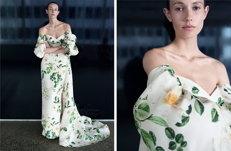 Model wears Monique Lhuillier - Floral-Print Draped Strapless Gown