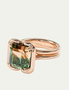 Nak Armstrong - 20K Rose Gold Buttress Emerald-Cut Bicolor Tourmaline Solitaire Ring, Size 7