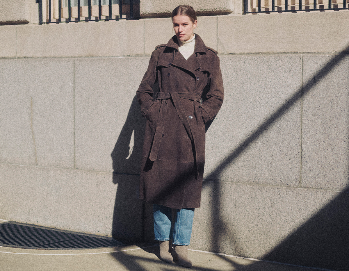 Model wears LaQuan Smith - Nubuck Belted Trench Coat