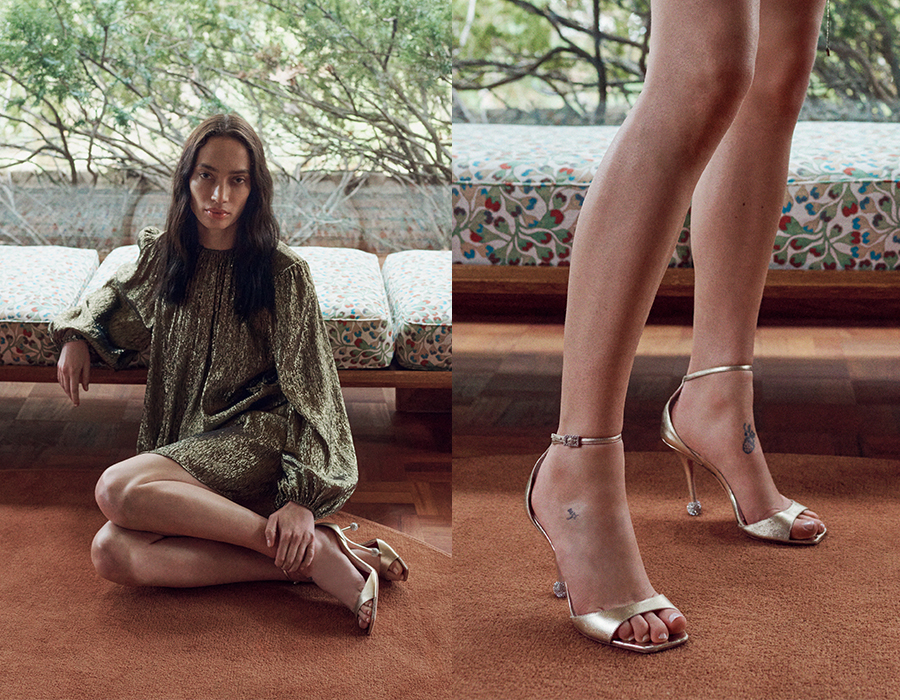 Model wears Roger Vivier - Marlene Leather Crystal-Heel Sandals