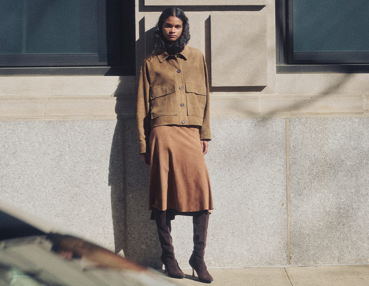 Model wears Prada - Suede Midi Skirt