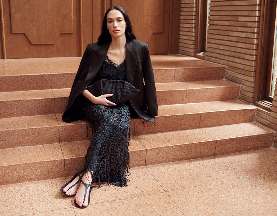 Model wears Brunello Cucinelli - Sequined Net V-Neck Opera Dress