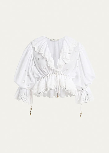 Chloé - Eyelet Cotton Ruffle Crop Peasant Blouse