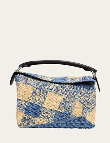 Loewe - x Paula’s Ibiza Small Puzzle Edge Shoulder Bag in Gingham Raffia