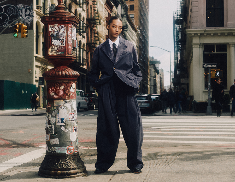 Model wears Willy Chavarria - Washed Box Cutter Jacket and Drawstring Cascada Pleated Wide-Leg Pants