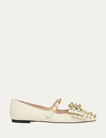 Valentino Garavani - Bowow Studded Bow Leather Ballerina Flats