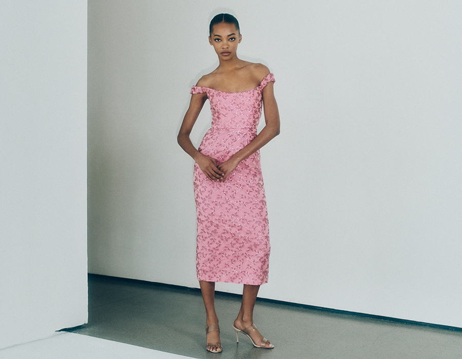 Model wears Markarian - Amina Floral Sequined Off-Shoulder Midi Dress