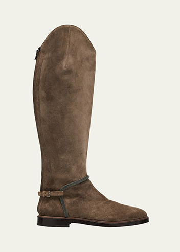 Brunello Cucinelli - Suede Equestrian Boots with Monili Riding Detail