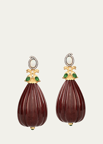 Silvia Furmanovich - Burgundy Marquetry Earrings with Diamonds, Opal and Tsavorite