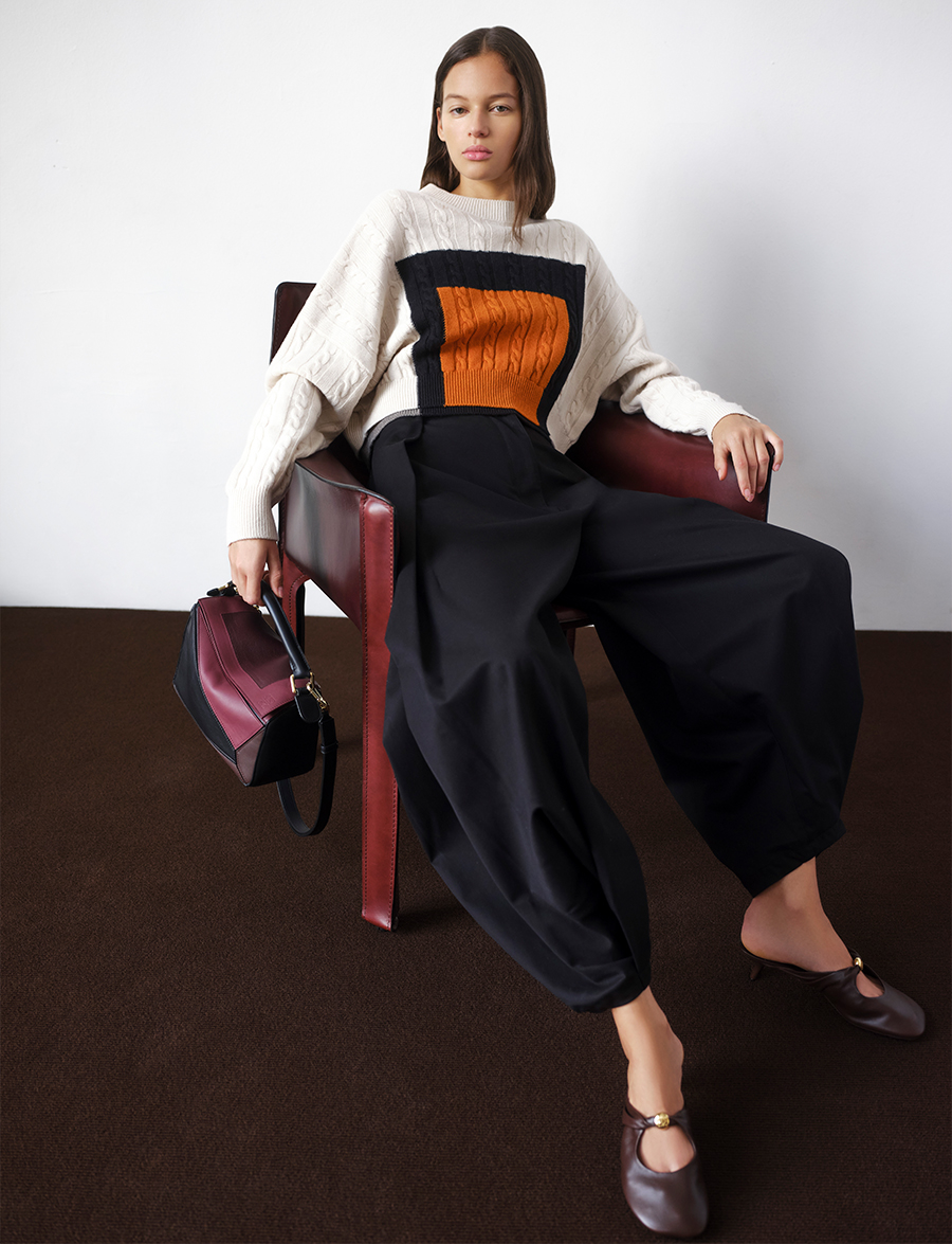 Model Wears Loewe - Cable Knit Crop Crewneck Sweater