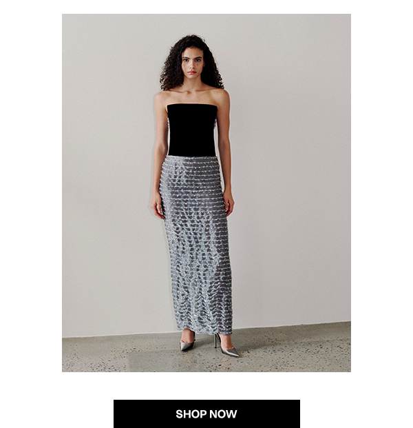 Model wears Armani - Strapless Velvet Bustier Iridescent Textured Silk Gown