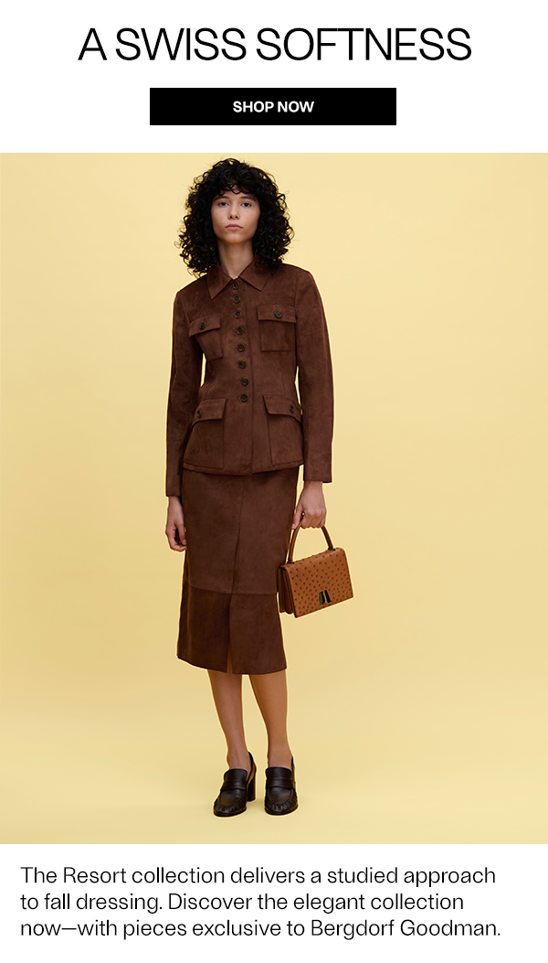 Model wears Akris - Suede Delia Jacket and Suede Pencil Skirt