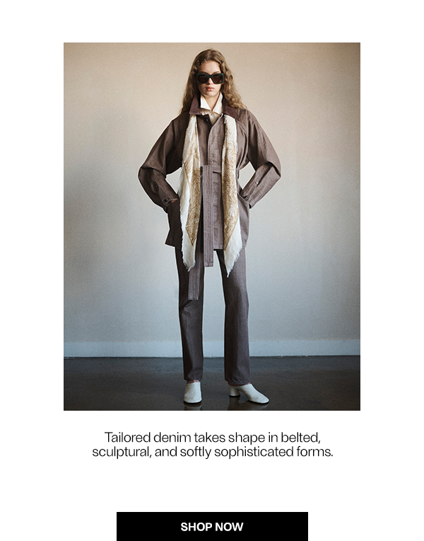 Tailored denim takes shape in belted, sculptural, and softly sophisticated forms.; Model wears OSSOU Denim