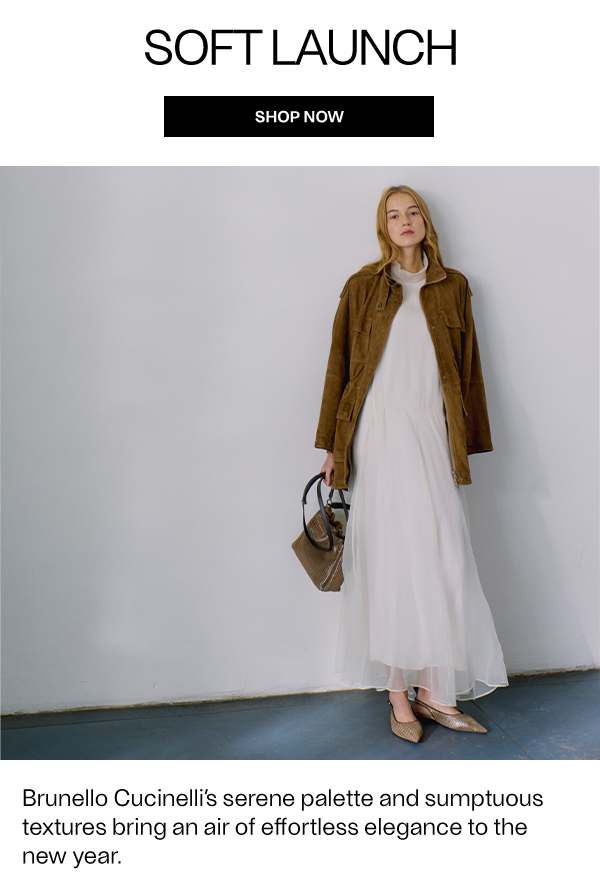 SOFT LAUNCH - Brunello Cucinelli’s serene palette and sumptuous textures bring an air of effortless elegance to the new year; Model wears Brunello Cucinelli - Couture Suede Utility Jacket and Cotton Organza Pull-On Midi Skirt