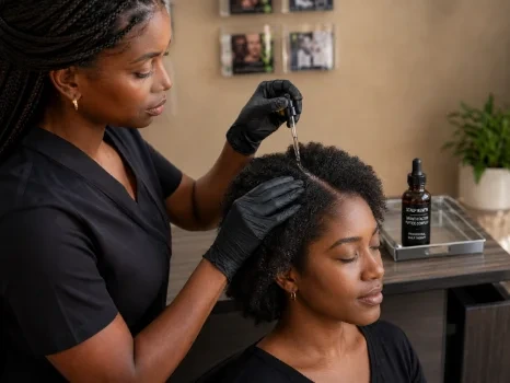 A clinician applying growth factor serum to a client's scalp with a dropper