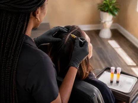 PRP vials prepared on a tray for a client's scalp treatment in clinic