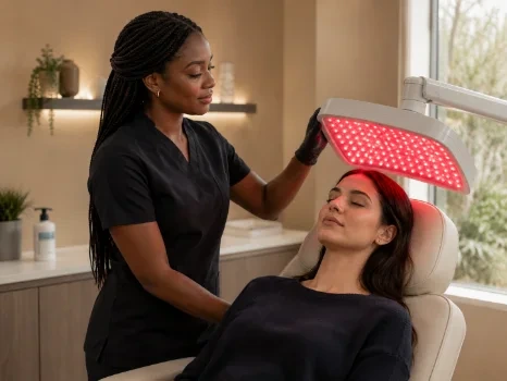 A client relaxing under a red light therapy panel during a scalp session